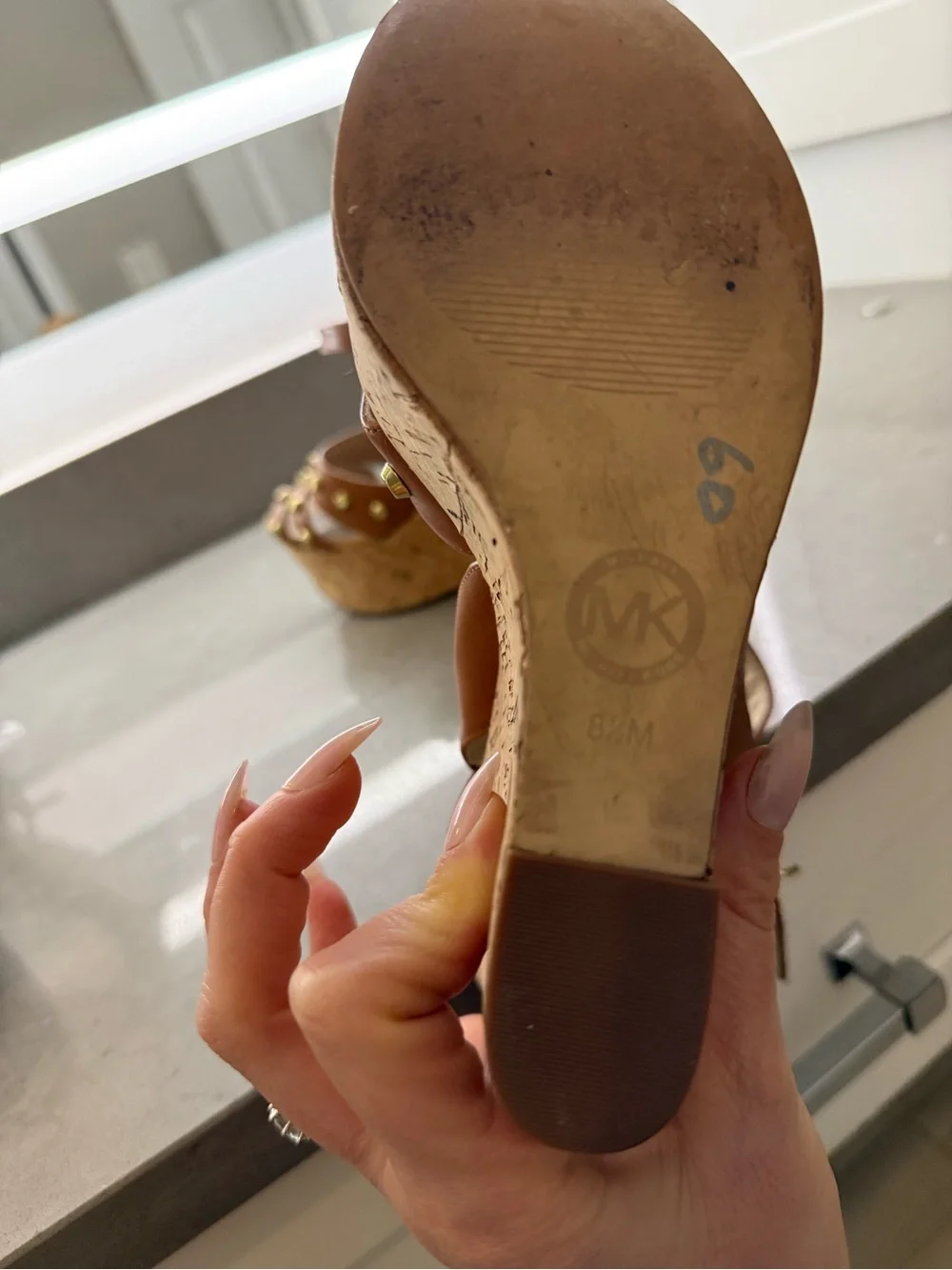 Michael Kors Brown Leather Cork Wedge Sandals with Gold Studs